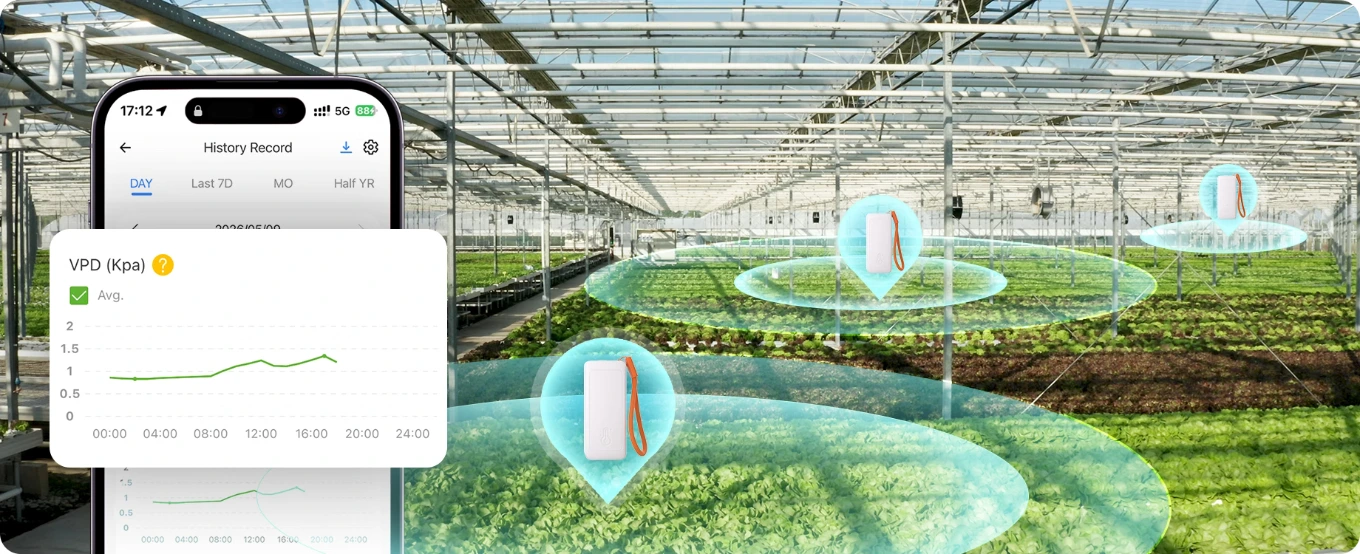 The VPD graph in the app next to a greenhouse: the vapor pressure deficit for crops
