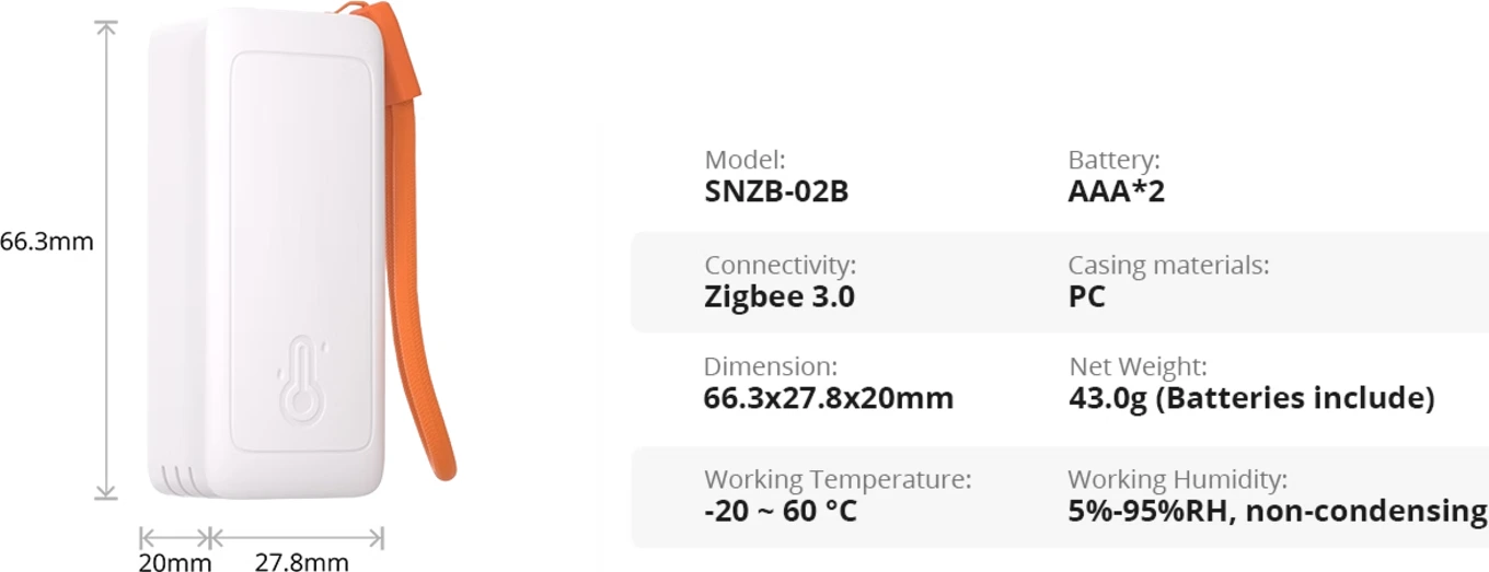 SNZB-02B Specifications: Zigbee 3.0, two AAA batteries, dimensions and measurement ranges