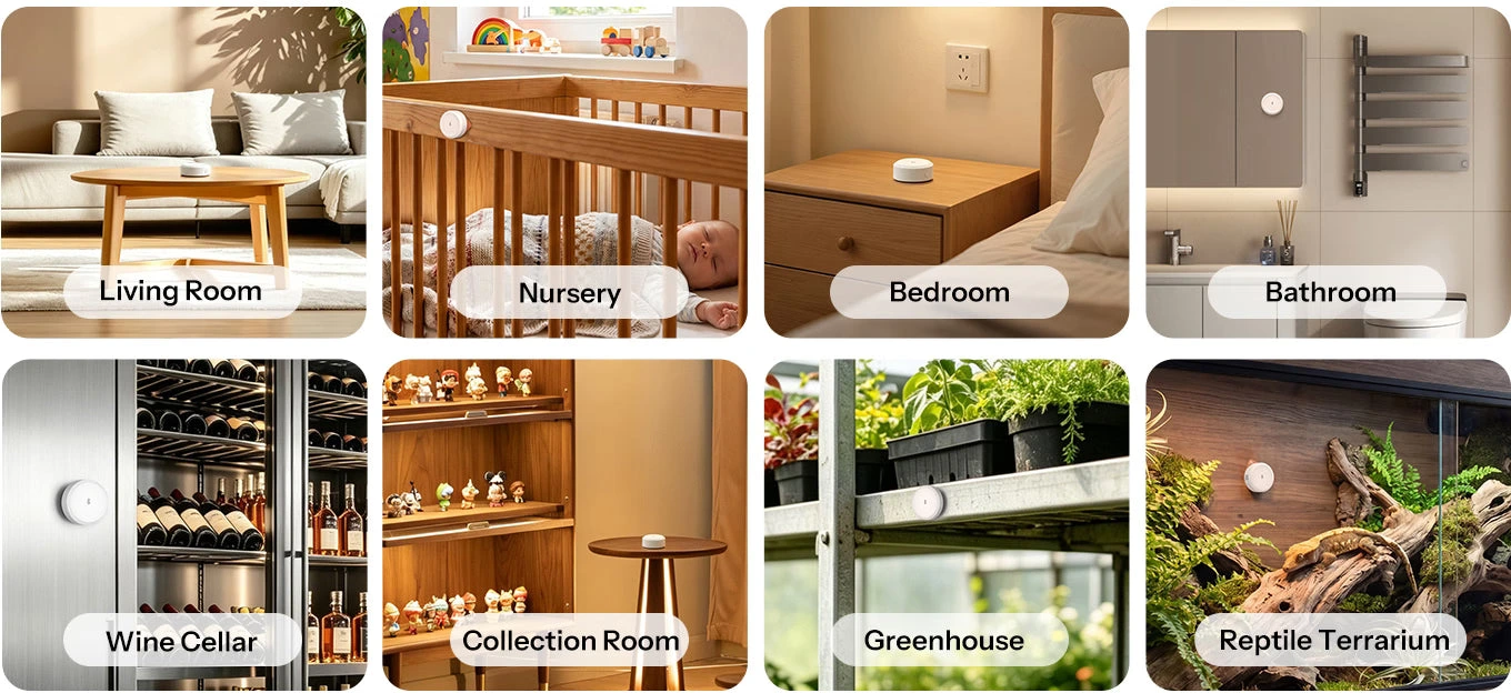 Le SONOFF SNZB-02M dans le salon, la chambre, la salle de bain, la cave, la serre et le terrarium