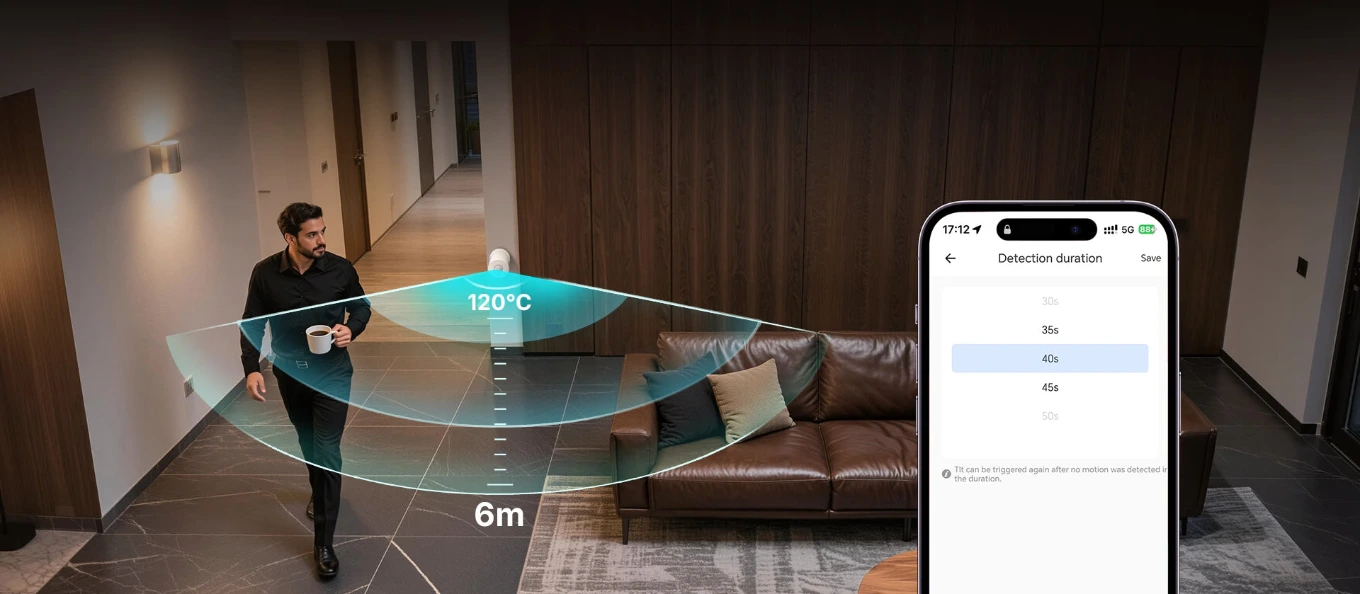 Bewegingsdetectie tot 6 meter met een hoek van 120° en een instelbare detectieduur via de app.