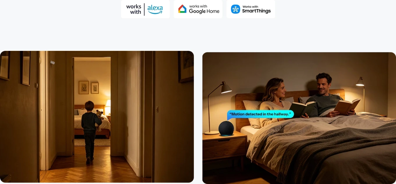 De sensor werkt met Amazon Alexa, Google Home en SmartThings voor spraakbesturing.