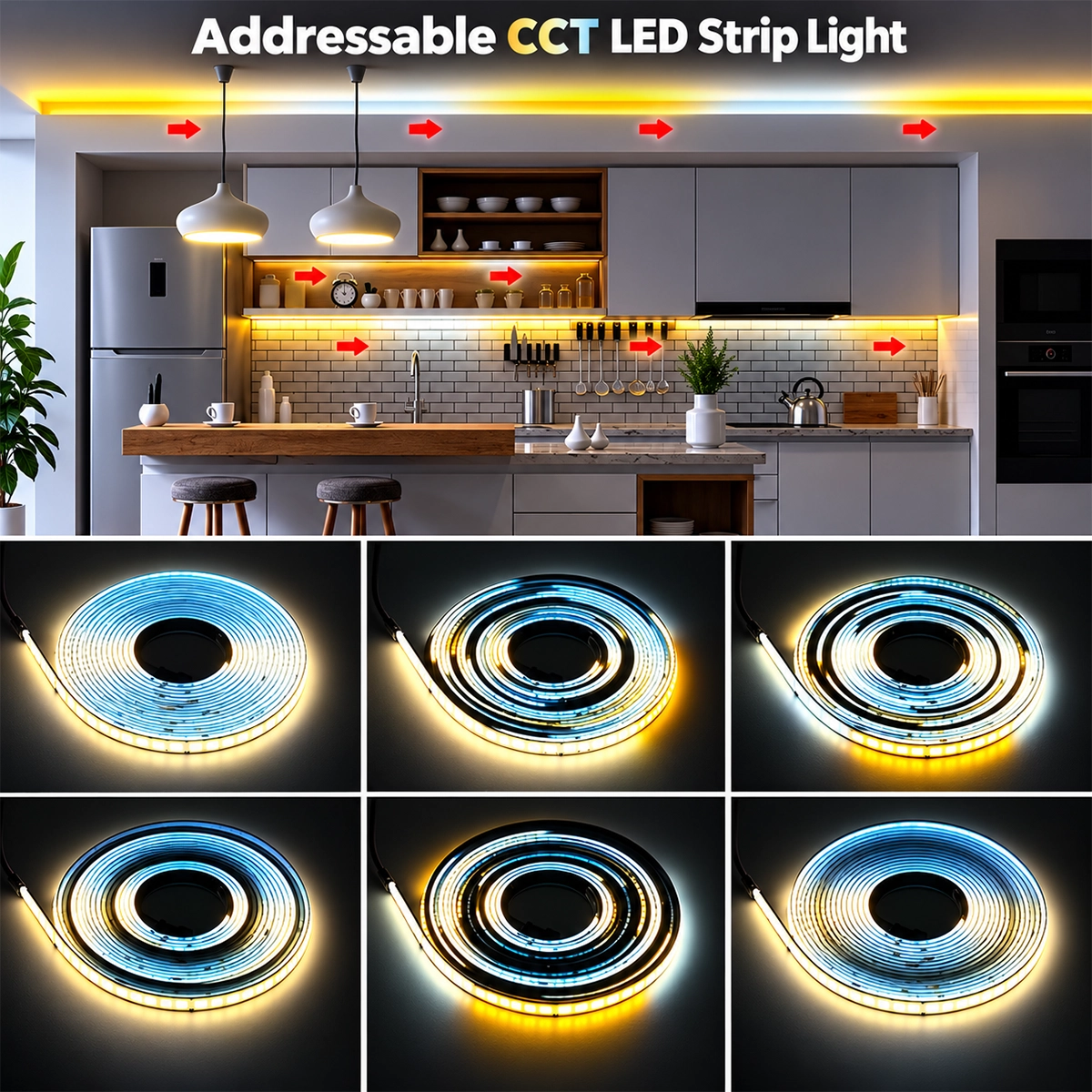 Addressable CCT LED strip under kitchen cabinets and coils switched from warm white to cool white