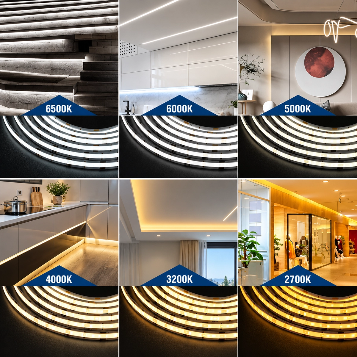COB CCT LED strip light at 6500, 6000, 5000, 4000, 3200 and 2700K in stairs, kitchen, living room and shop