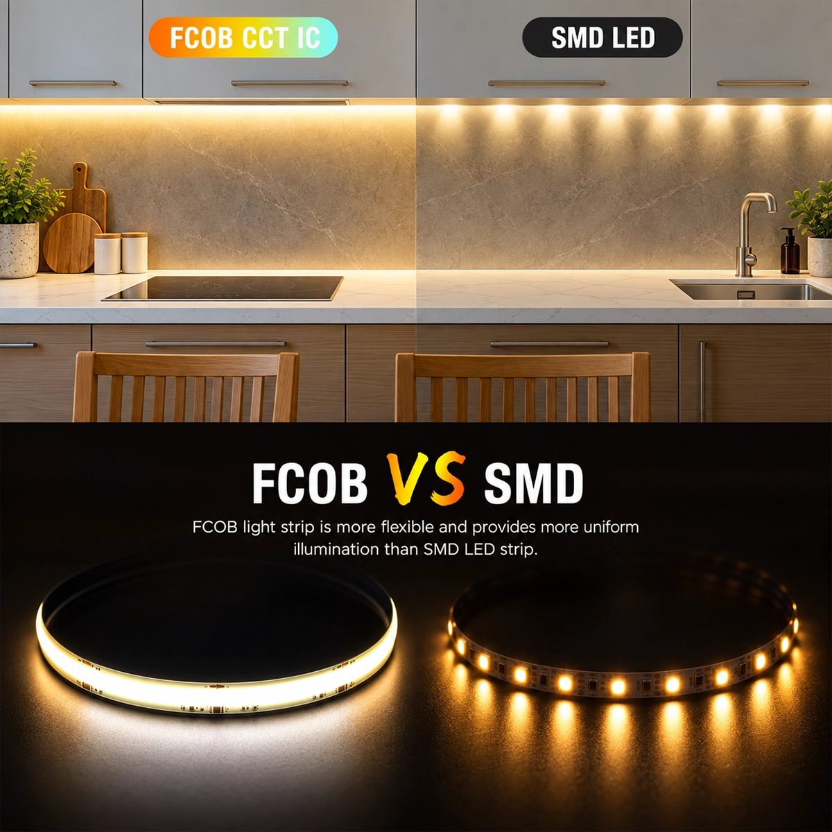 Comparison of continuous-light COB CCT LED strip and spot-light SMD strip under a kitchen cabinet