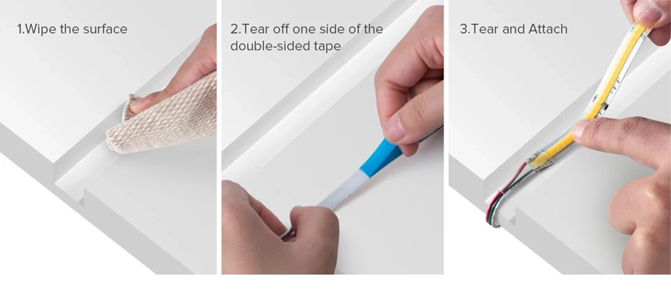 Installing the COB CCT LED strip in three steps: clean the surface, remove the film and glue