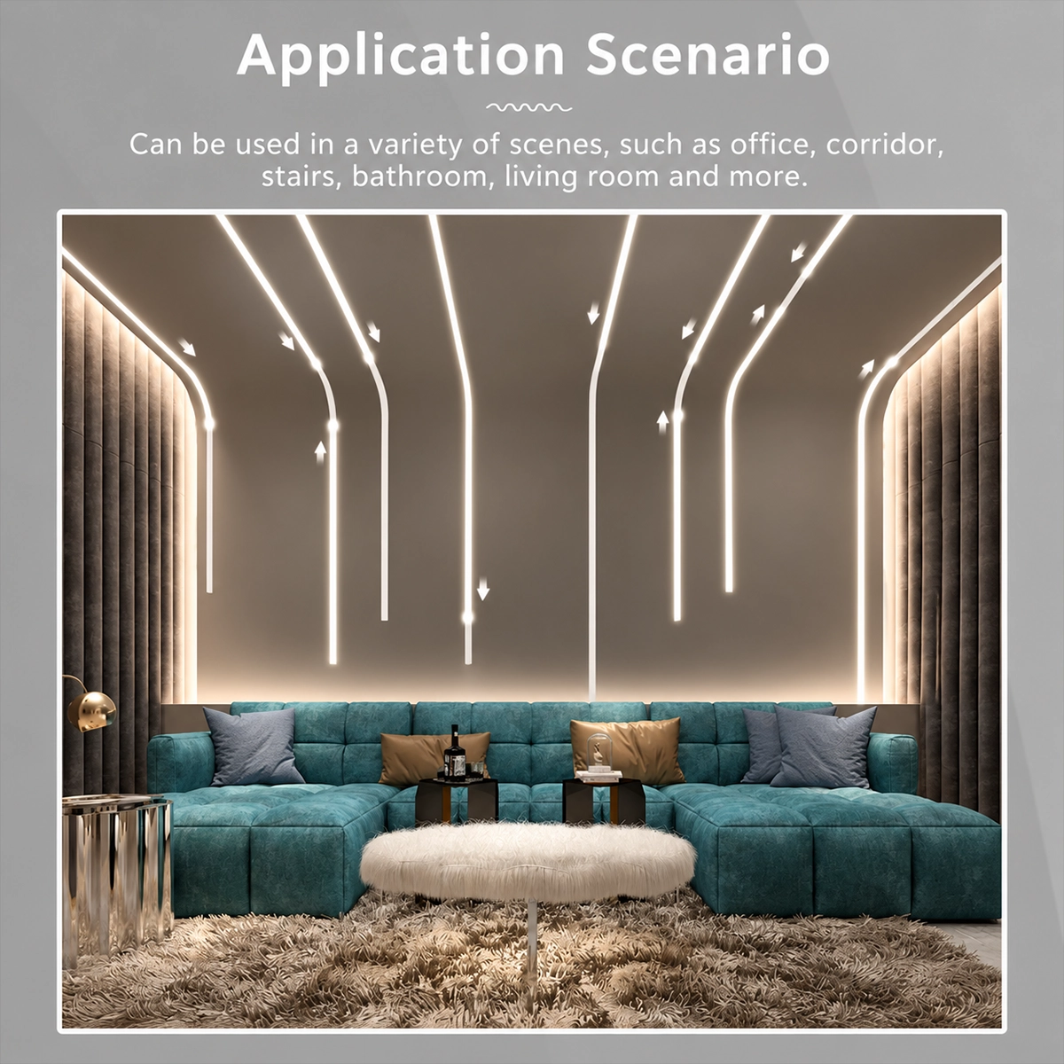 Living room with white light lines on the ceiling and wall made with addressable COB CCT LED strip