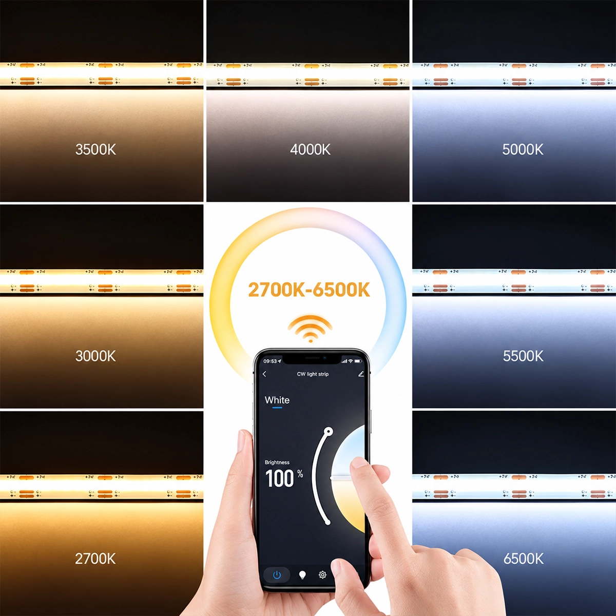 COB CCT LED strip adjusted by controller app, 2700 to 6500K, with six shades of white