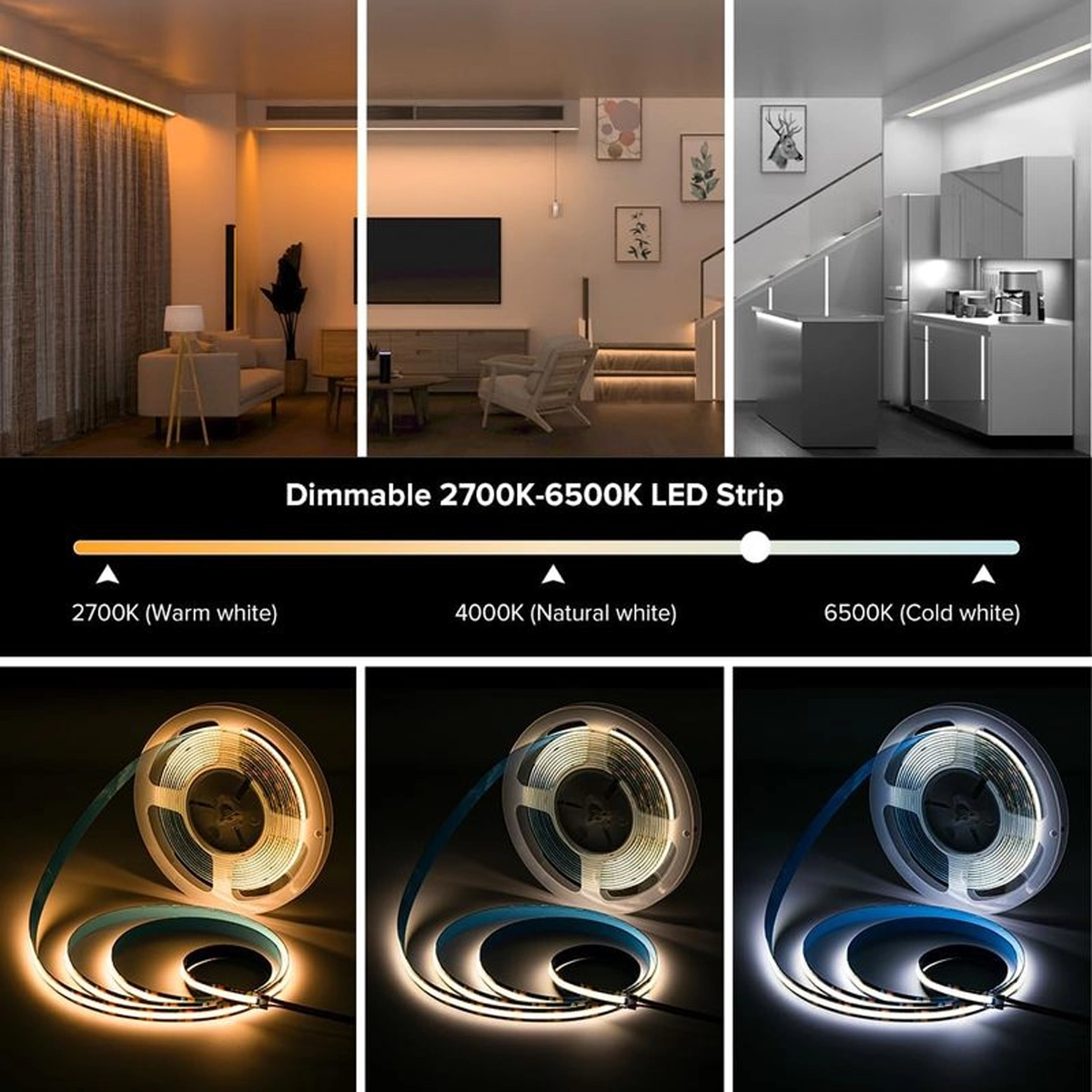 Dimmable COB CCT LED strip in living room, lounge and kitchen, in warm, natural and cold white