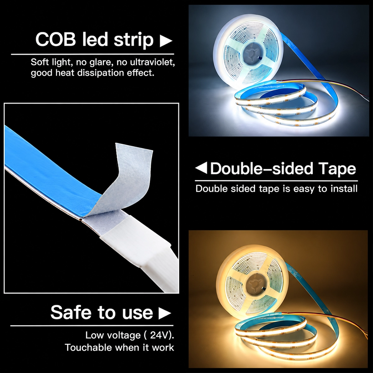 24V low voltage COB LED strip with double-sided tape on the back and coil lit in cold and warm white