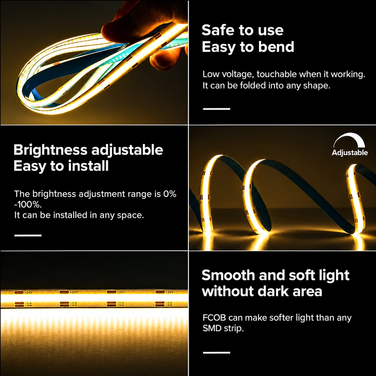 Hand-bent COB CCT LED strip, 0-100 % e soft light without dark spots.