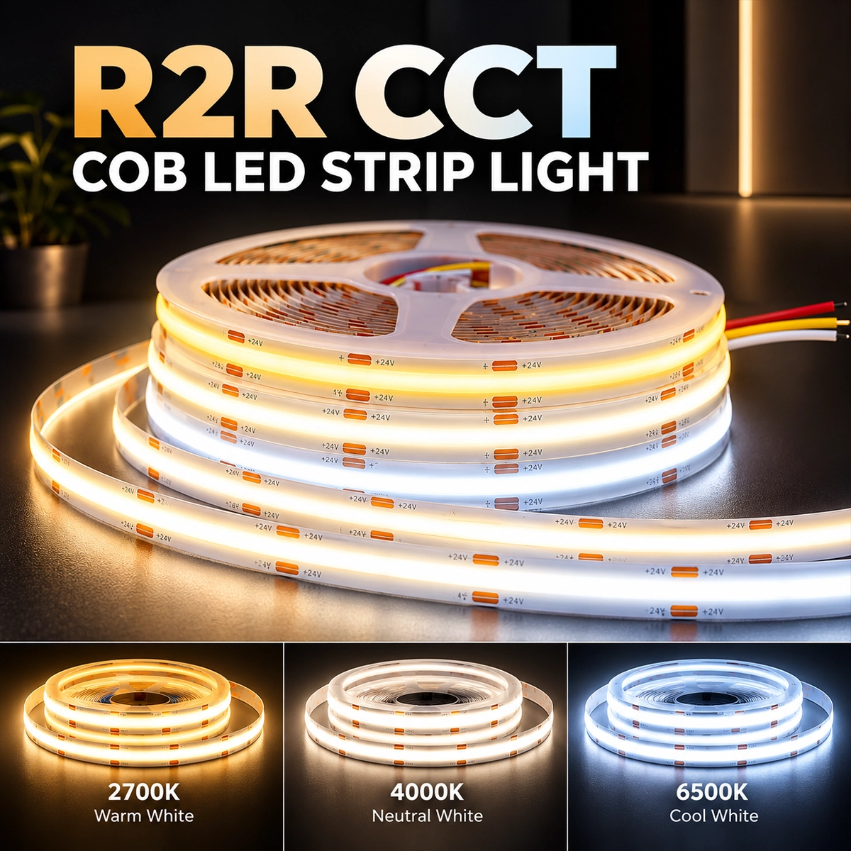 Reel-to-reel COB CCT LED strip light, with the three whites at 2700K, 4000K and 6500K
