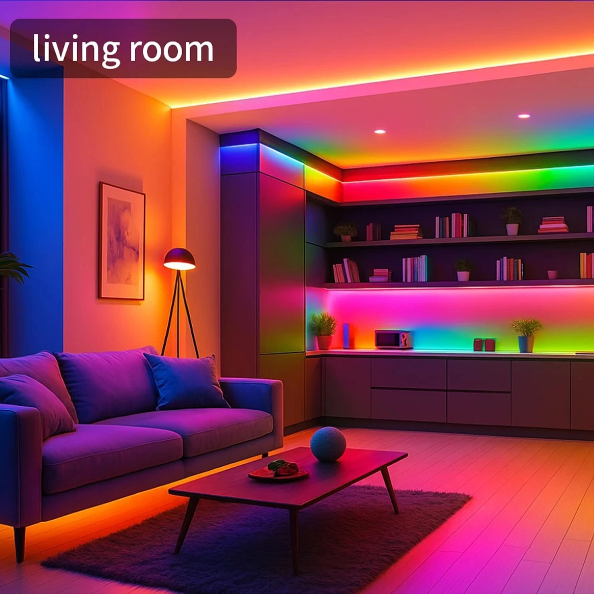 Living room with colored RGB+CCT LED neon along the ceiling, the bookcase and under the sofa