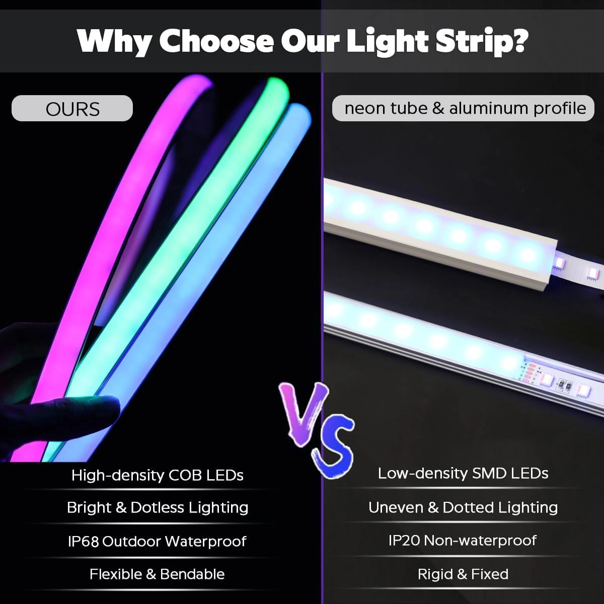 Comparison of IP68 flexible COB LED neon and SMD strip in aluminum profile with spot light