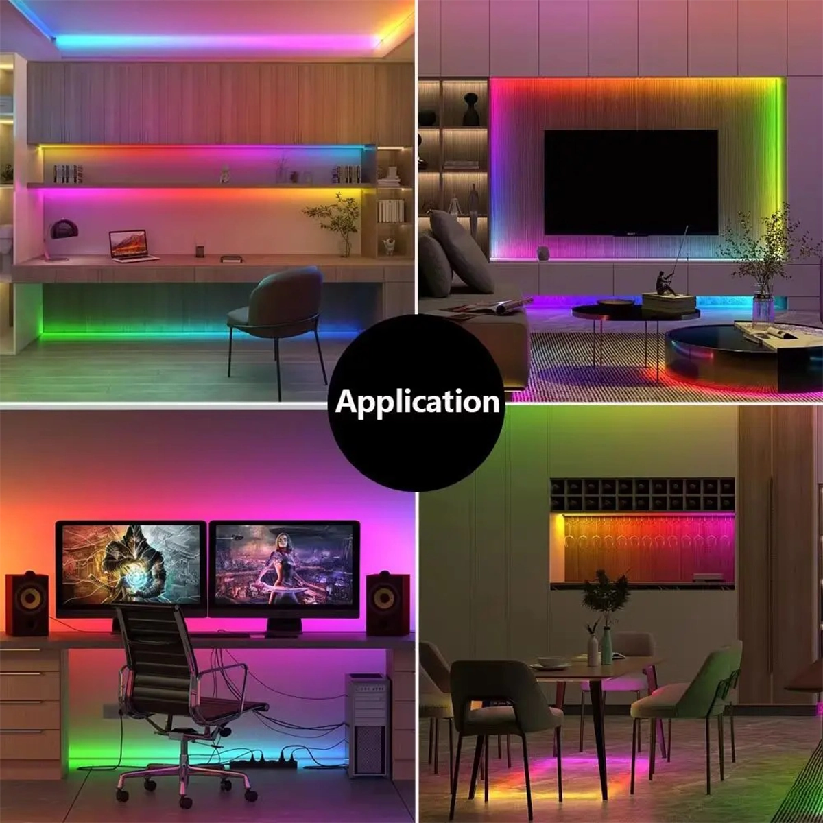 Addressable RGB+CCT LED neon in the study, behind the TV, in the gaming station and in the dining room