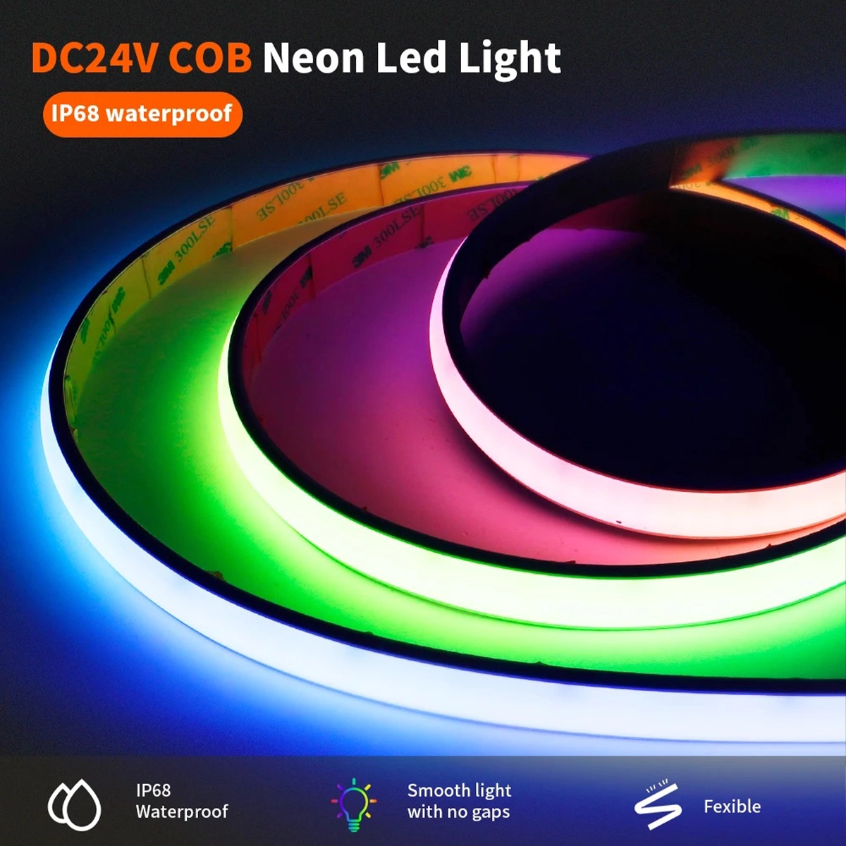 24V RGB+CCT COB LED neon light in multiple colors, IP68 waterproof, with continuous light and flexible profile