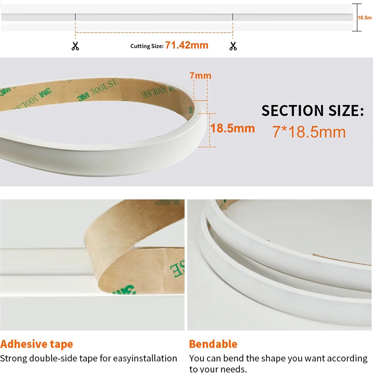 LED neon cut every 71.42 mm, section 7 x 18.5 mm, 3M double-sided tape and hand-bendable profile