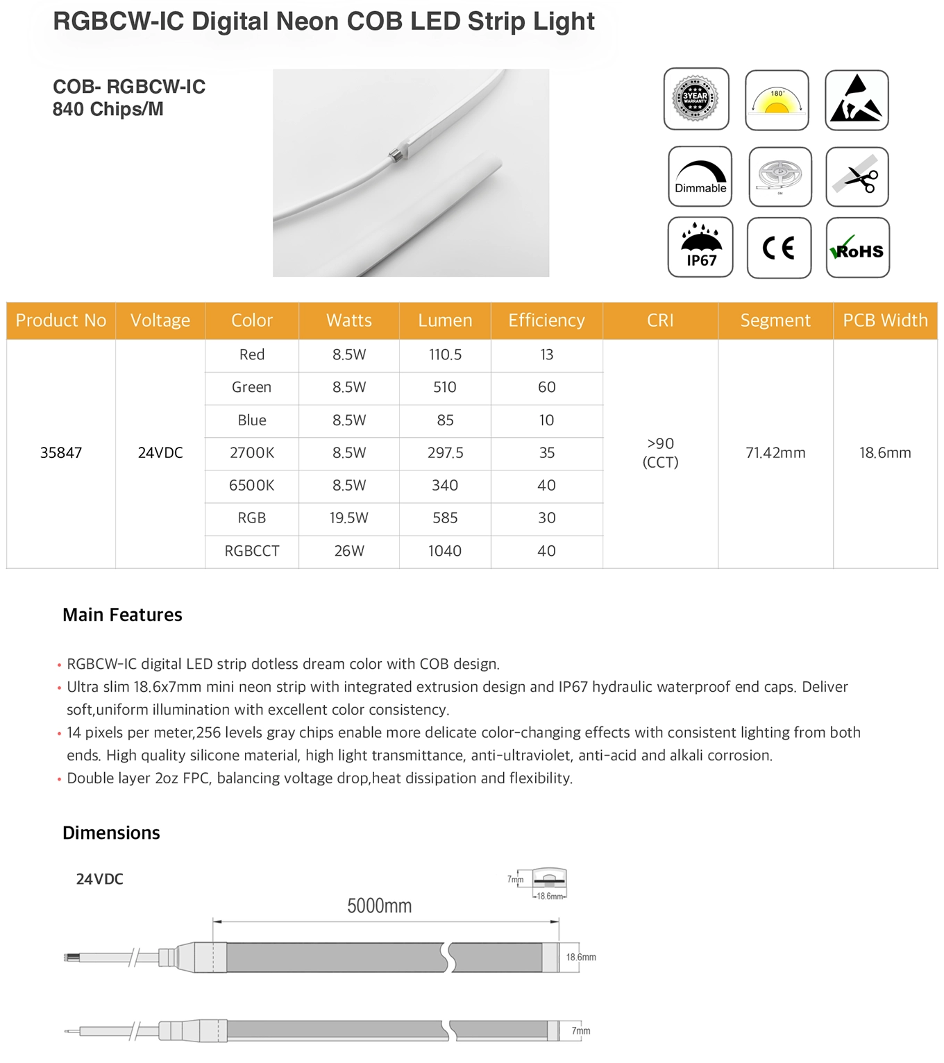 RGBCW-IC LED neon datasheet: consumption and lumens per channel, CRI over 90, 71.42 mm segment