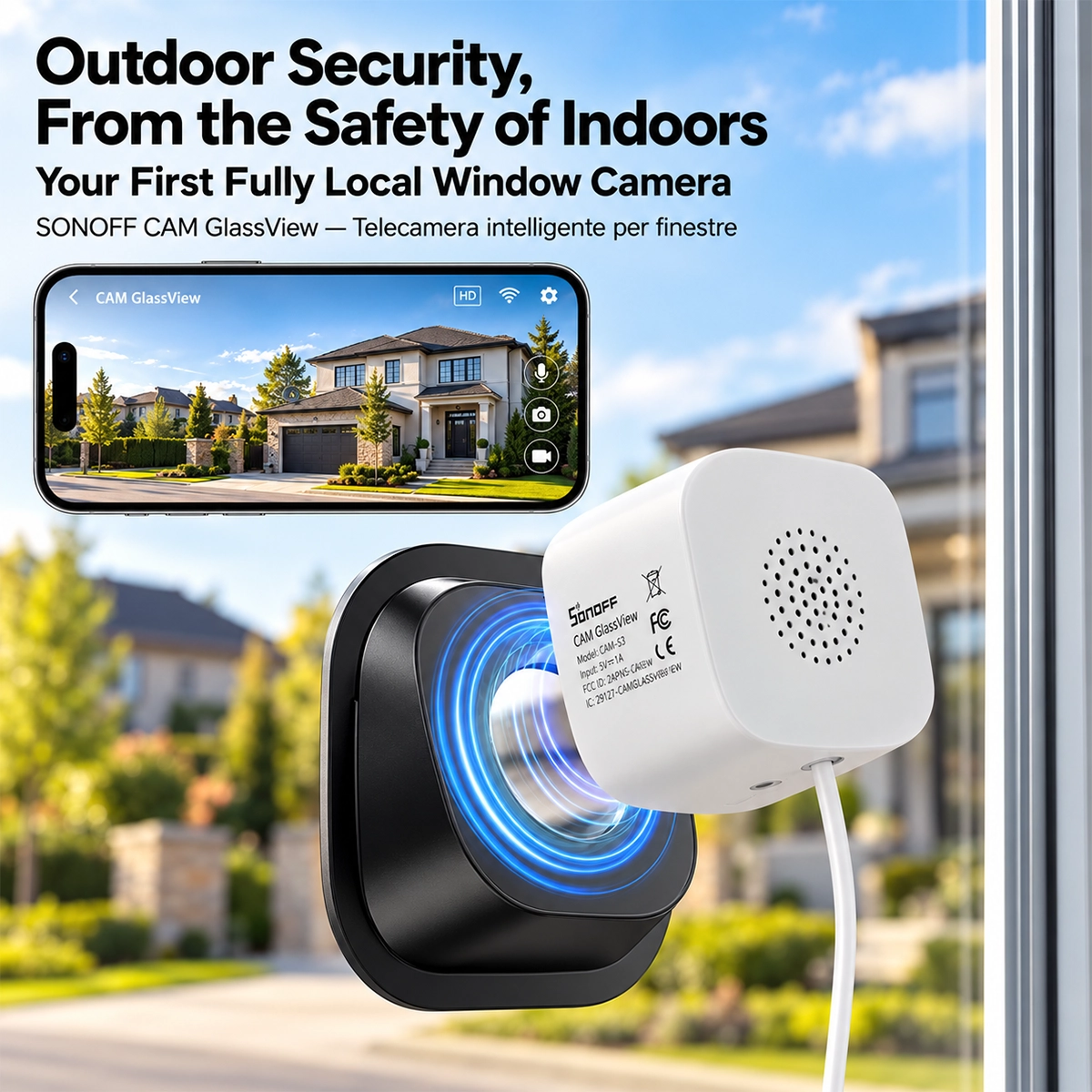Sonoff CAM-S3W GlassView fijado a un cristal de ventana con el soporte negro, orientado hacia la casa y el jardín.