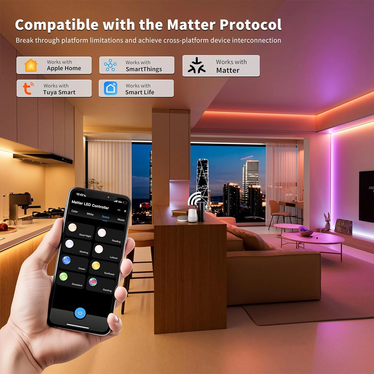 Living room with colorful LED strips, Tuya app of Matter LED controller in hand and Apple Home, SmartThings and Matter badges