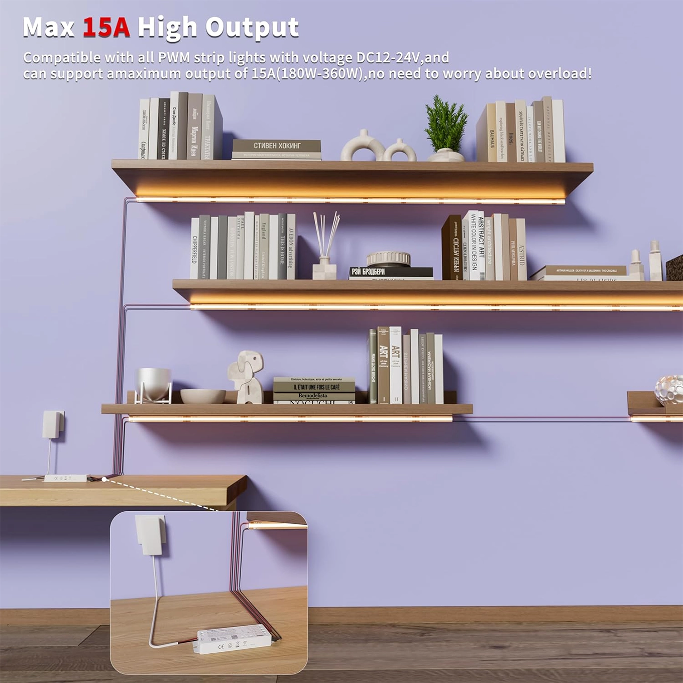 Shelves with warm white LED strips powered by the Tuya 5-in-1 controller up to 15 A total, hidden under the top