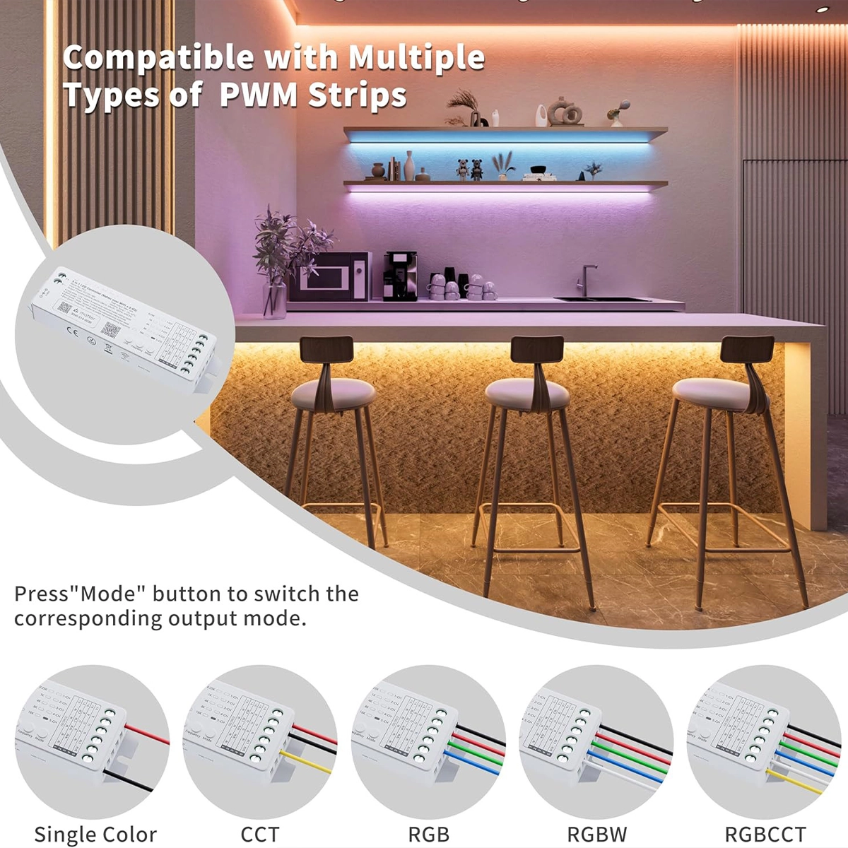 Kitchen with LED strip under the cabinets and the five output modes of the Tuya controller, from single color to RGB+CCT
