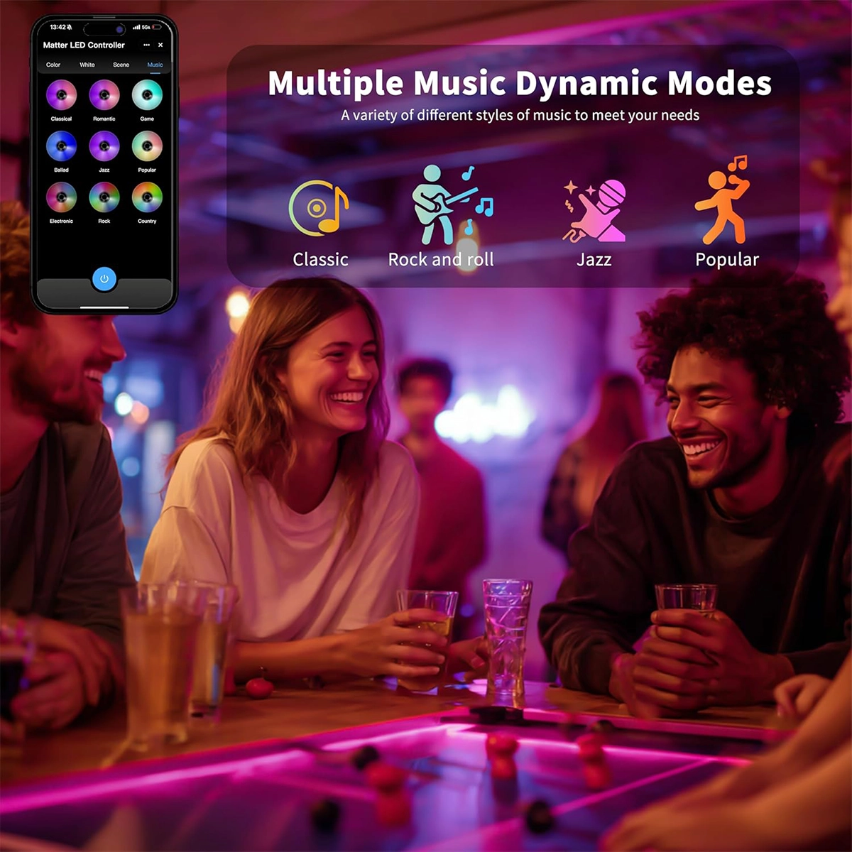 Party with purple LED strips to the beat of the music and the Tuya app with the nine music styles of the 5-in-1 LED controller