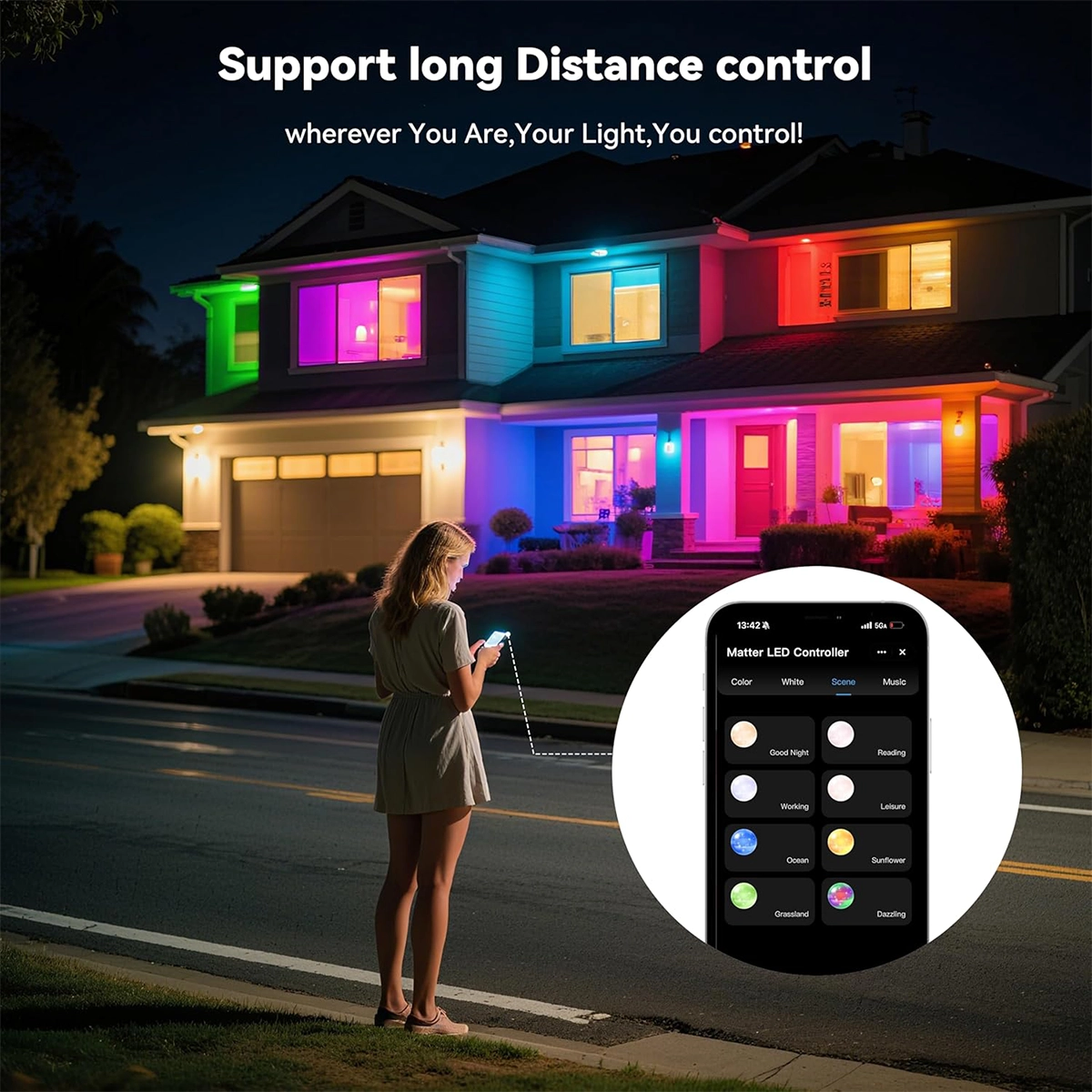 Home lit up at night with colorful LED strips remotely controlled by Tuya app from Wi-Fi LED controller