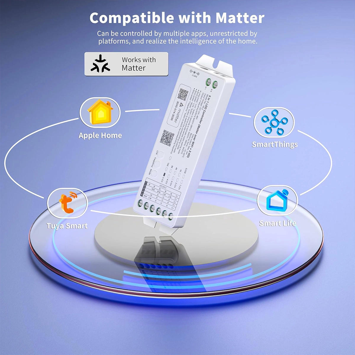 Matter Tuya 5-in-1 LED Controller on a podium with Apple Home, SmartThings, Tuya Smart, and Smart Life icons