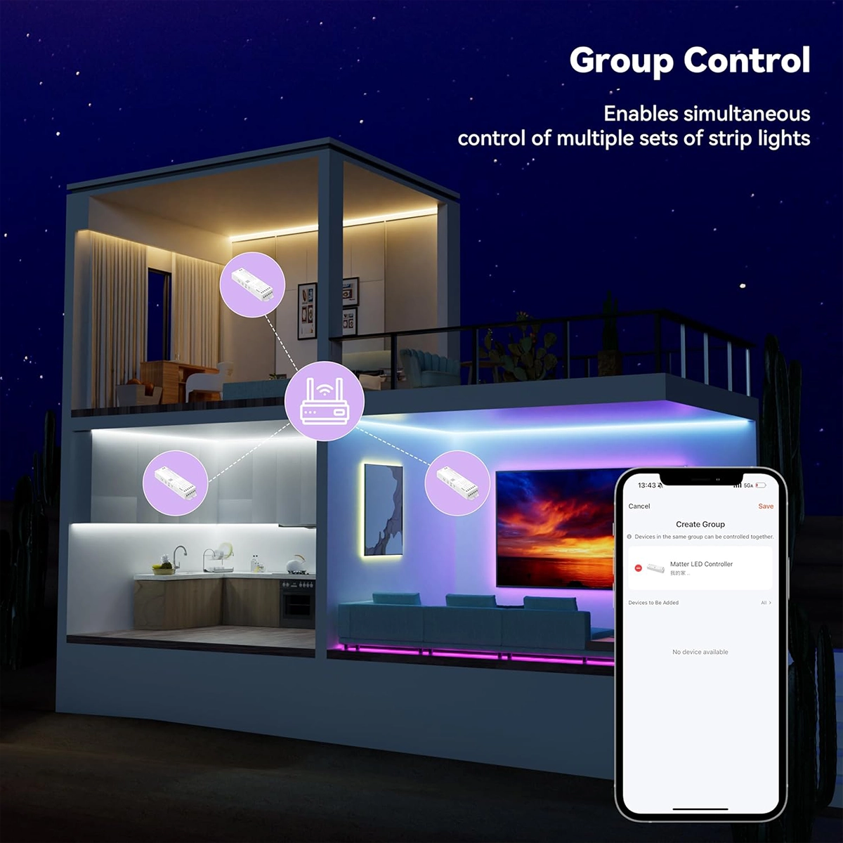 A snapshot of a house with multiple Tuya LED controllers in a group and the app that creates the LED strip group.