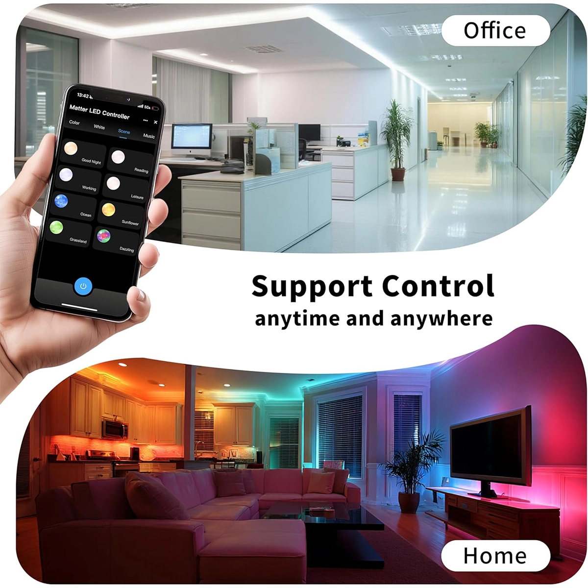 Office and living room with LED strips and phone with the Tuya app: the Matter LED controller can be controlled from anywhere