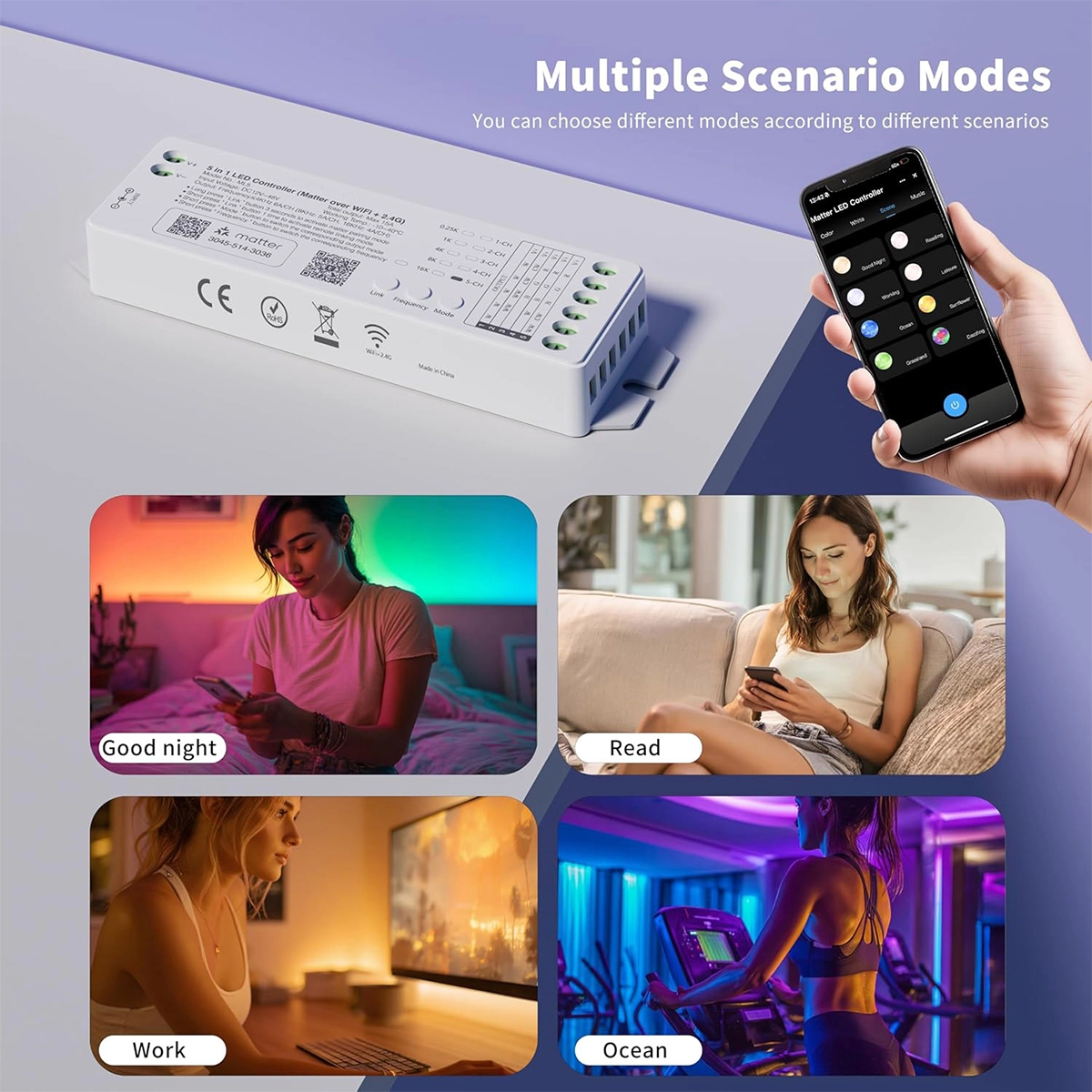 Tuya LED controller and phone with app scenes: Good Night, Read, Work, and Ocean in the four photos