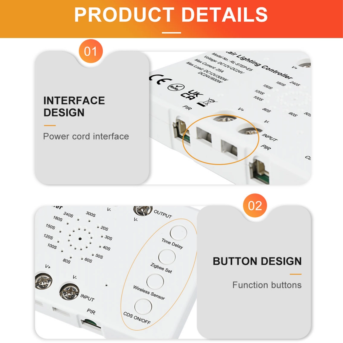 Dettagli del controller scale LED: morsetti a vite dell'alimentazione e i quattro tasti funzione sul lato