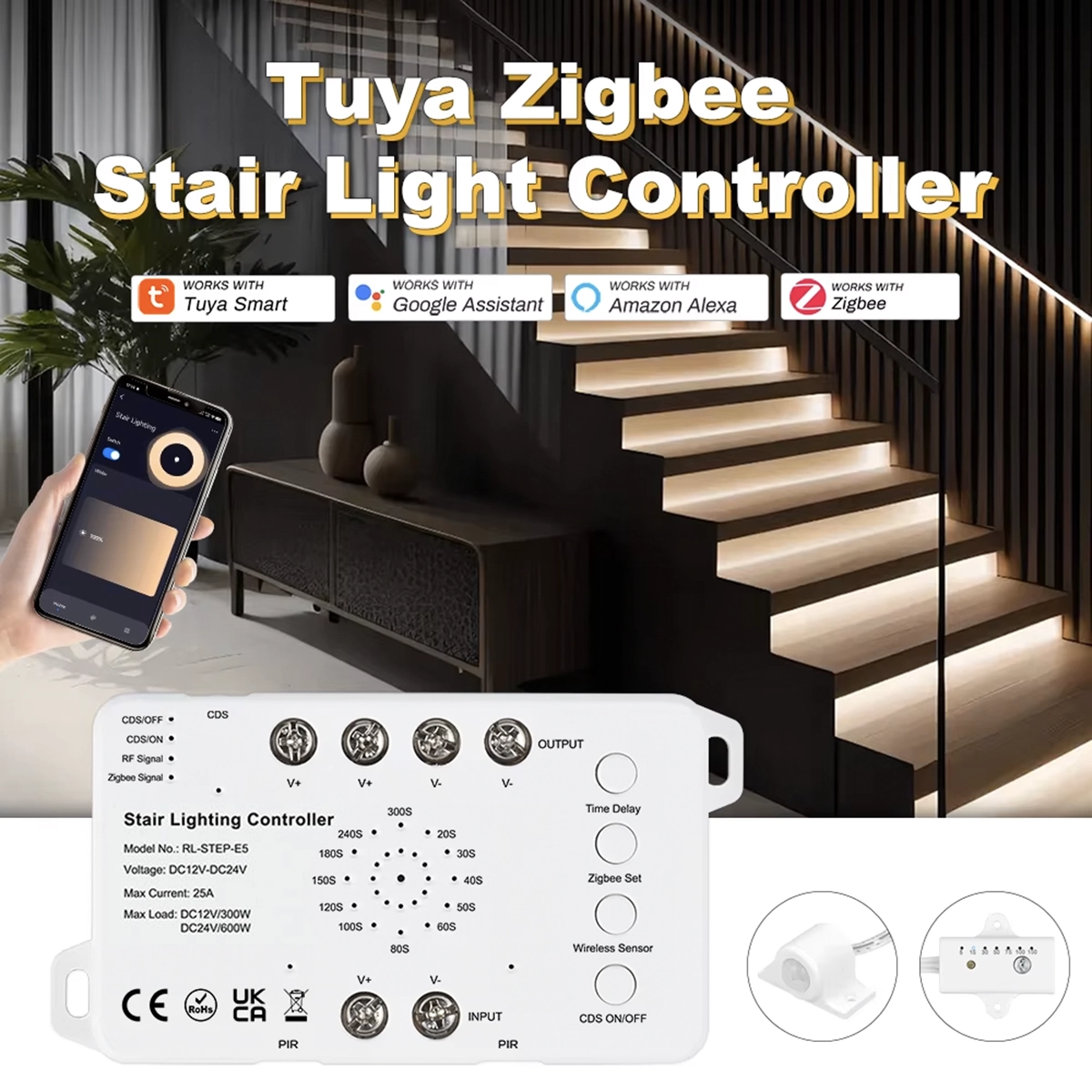 Kit controller scale LED Zigbee Tuya con telecomando, sensori PIR e app Tuya Smart davanti a una scala illuminata