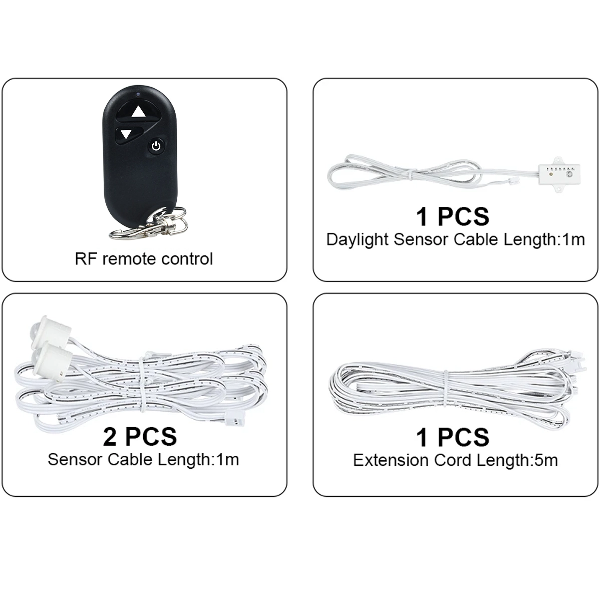 Contenuto del kit: telecomando RF, cavo del sensore crepuscolare da 1 m, due cavi sensore da 1 m e prolunga da 5 m