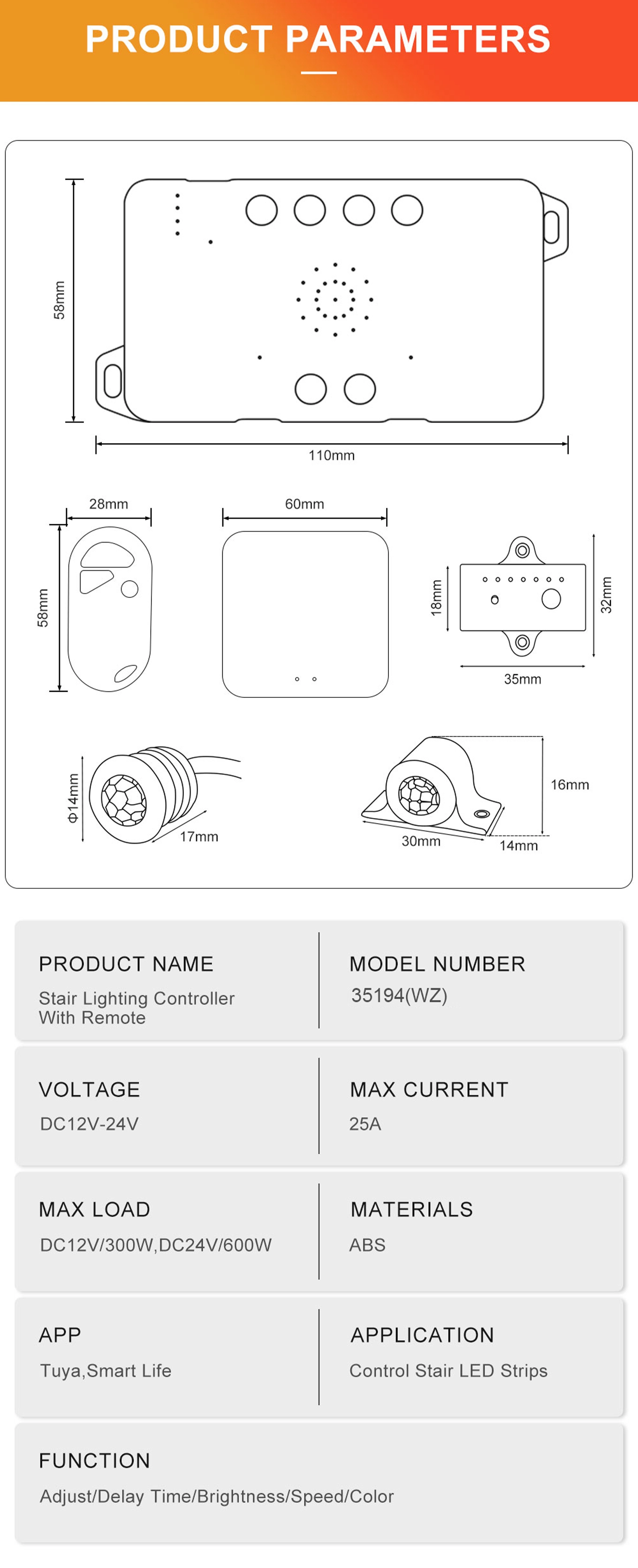 Disegno quotato del kit scale LED Zigbee: controller 110 × 58 mm, telecomando 58 × 28 mm, sensori PIR e crepuscolare