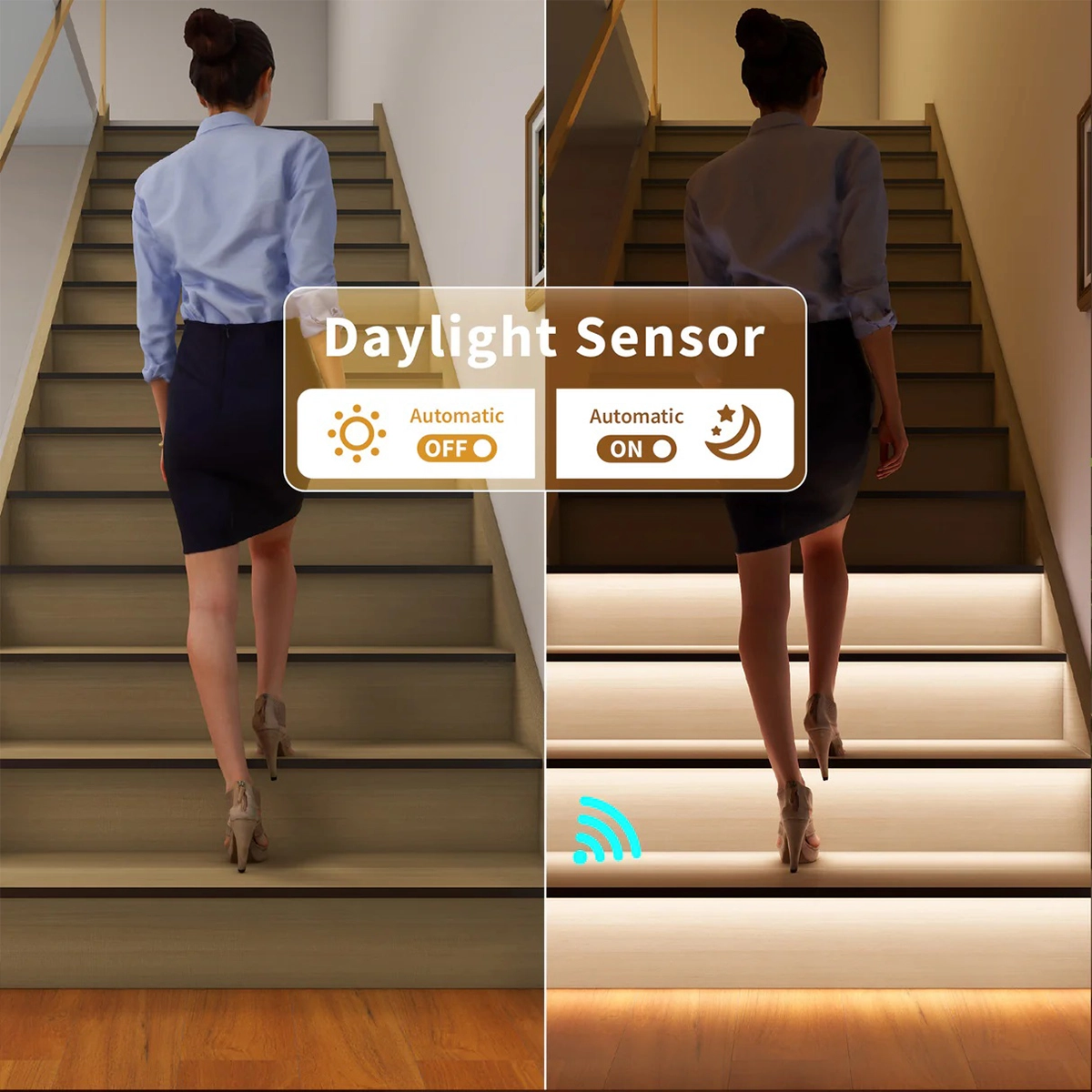 Sensore crepuscolare del kit scale LED: la scala si accende al passaggio solo al buio, di giorno resta spenta